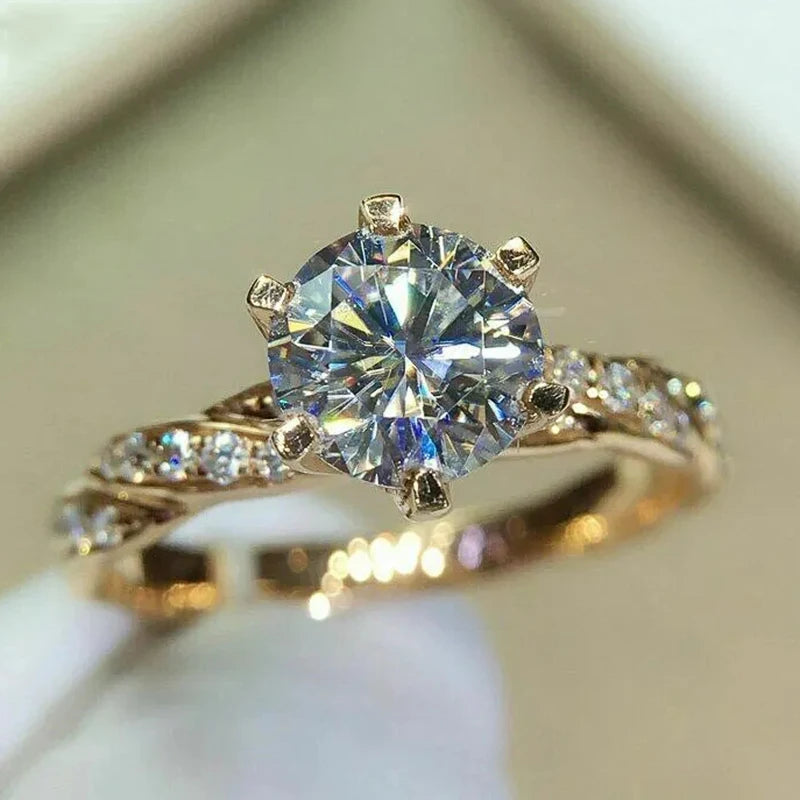 Luxury 6-Claw Crystal Engagement Ring – Gold Plated & Sparkling Zircon Stone