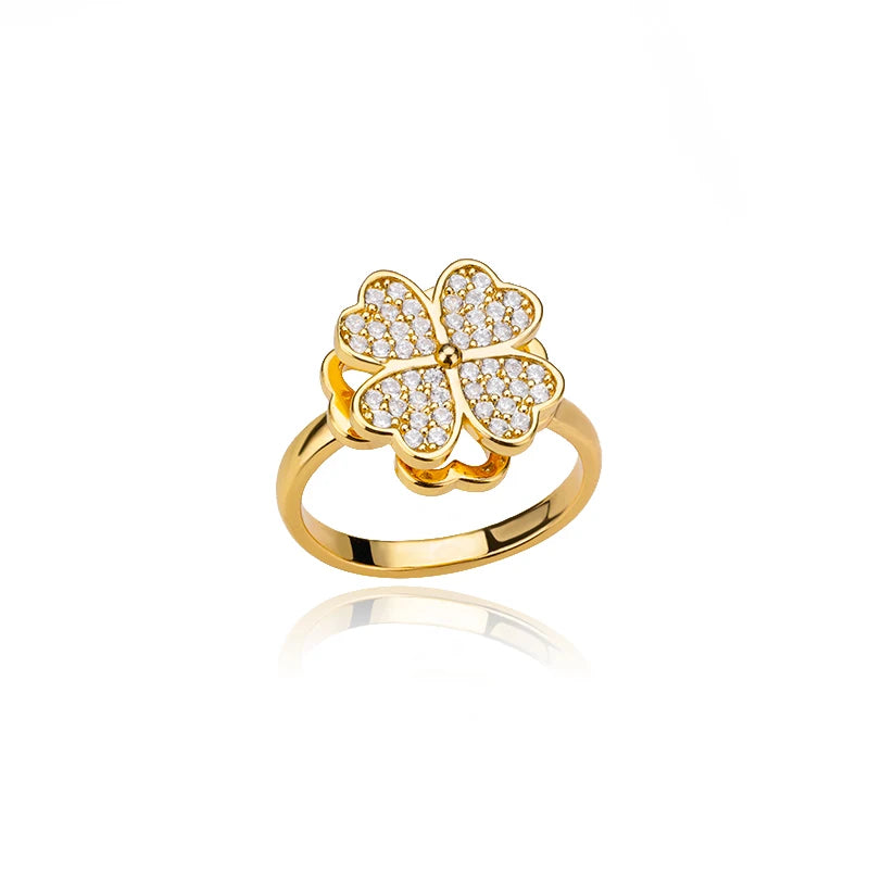 Spinner Clover Zircon Ring – Adjustable Gold Plated Anti-Stress Fidget Ring