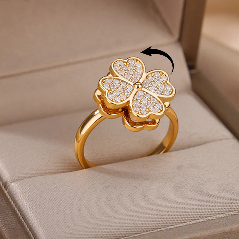 Spinner Clover Zircon Ring – Adjustable Gold Plated Anti-Stress Fidget Ring