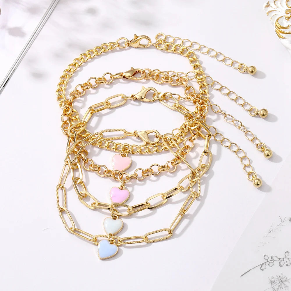 Colorful Heart Multi-Layer Bracelet Set – 4 Pieces Golden Chain Bracelets