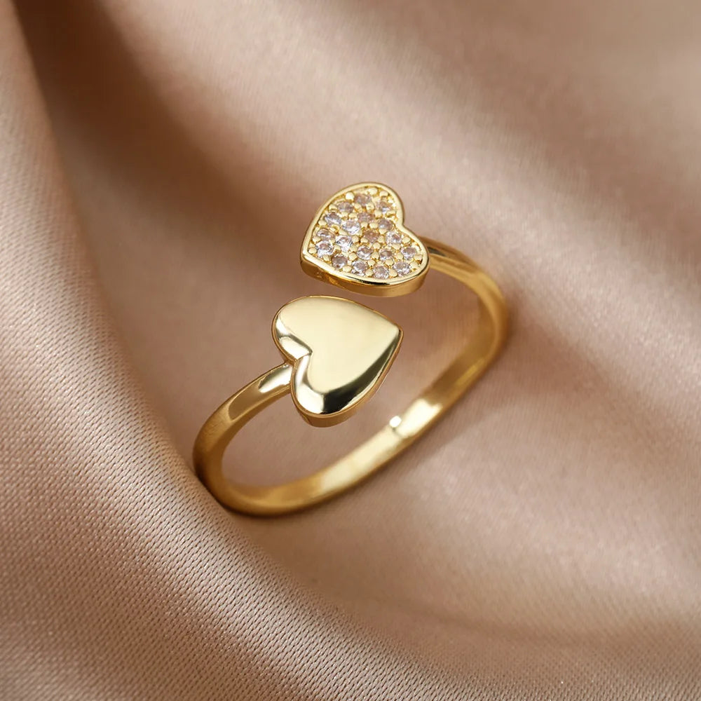 Elegant Heart Zircon Ring – Gold Stainless Steel, Waterproof & Long-Lasting Shine