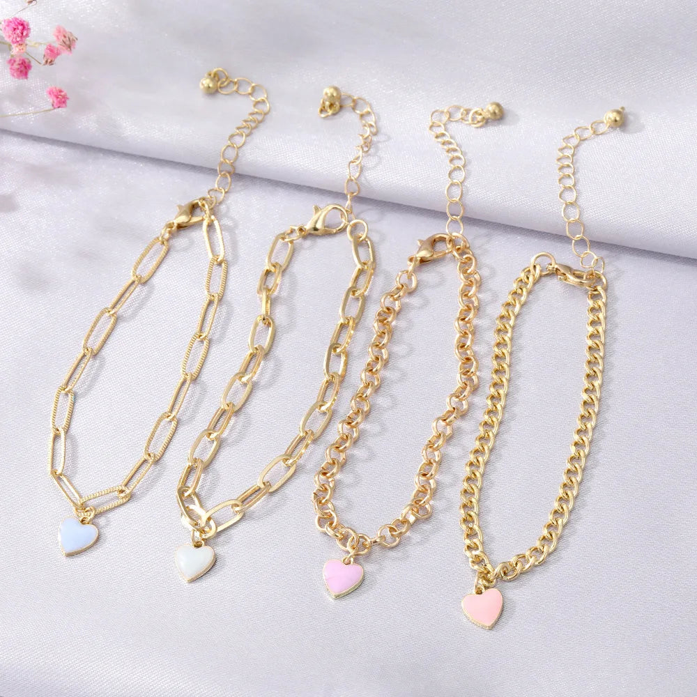 Colorful Heart Multi-Layer Bracelet Set – 4 Pieces Golden Chain Bracelets