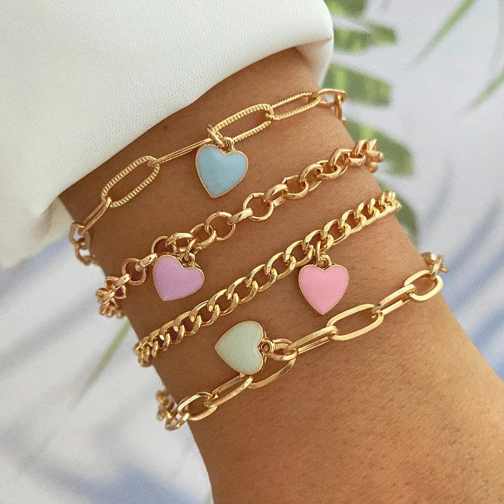 Colorful Heart Multi-Layer Bracelet Set – 4 Pieces Golden Chain Bracelets