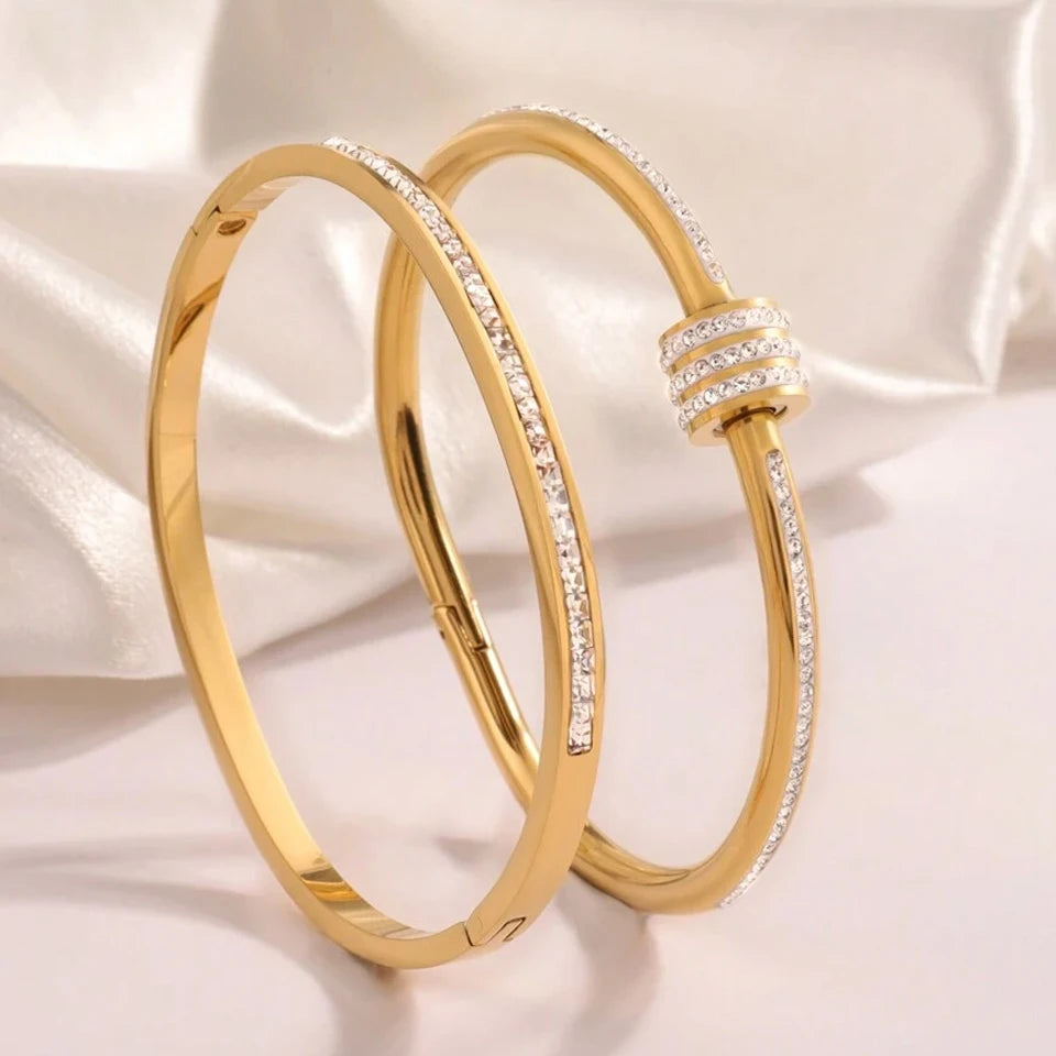 Luxury 2Pcs Gold Crystal Bangle Set – Non-Fading Stainless Steel Bracelets