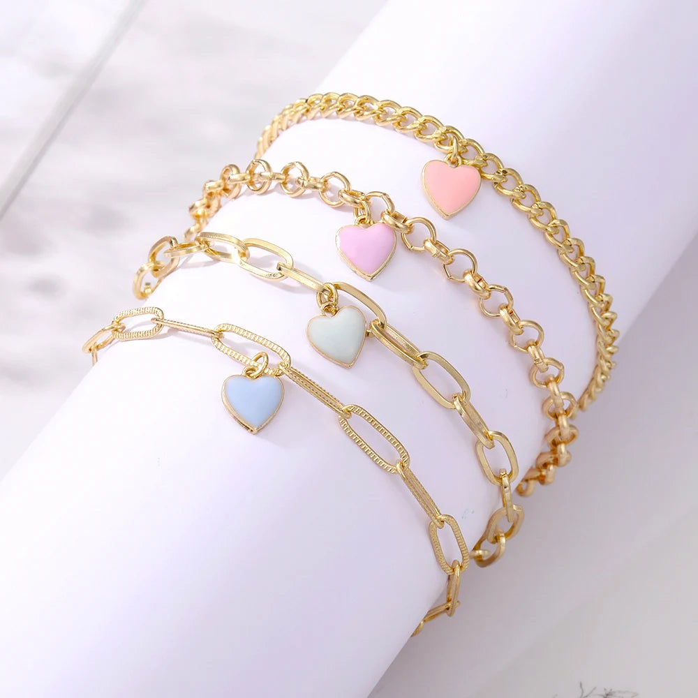 Colorful Heart Multi-Layer Bracelet Set – 4 Pieces Golden Chain Bracelets