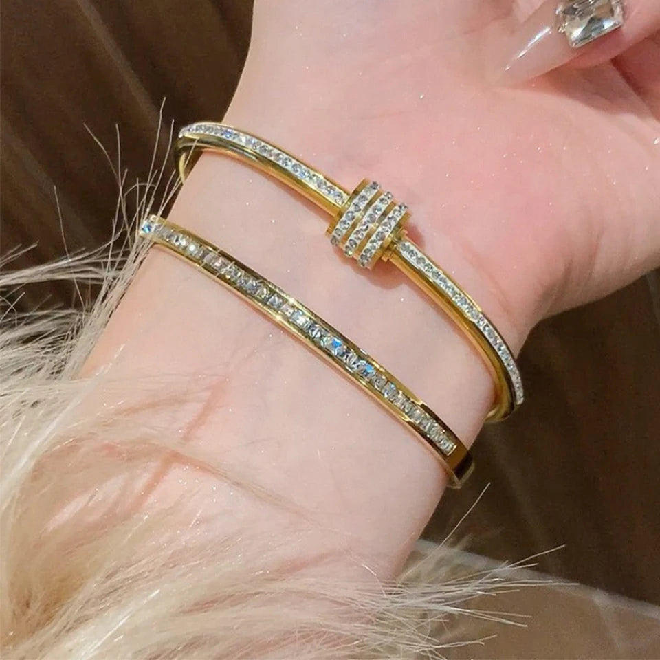 Luxury 2Pcs Gold Crystal Bangle Set – Non-Fading Stainless Steel Bracelets
